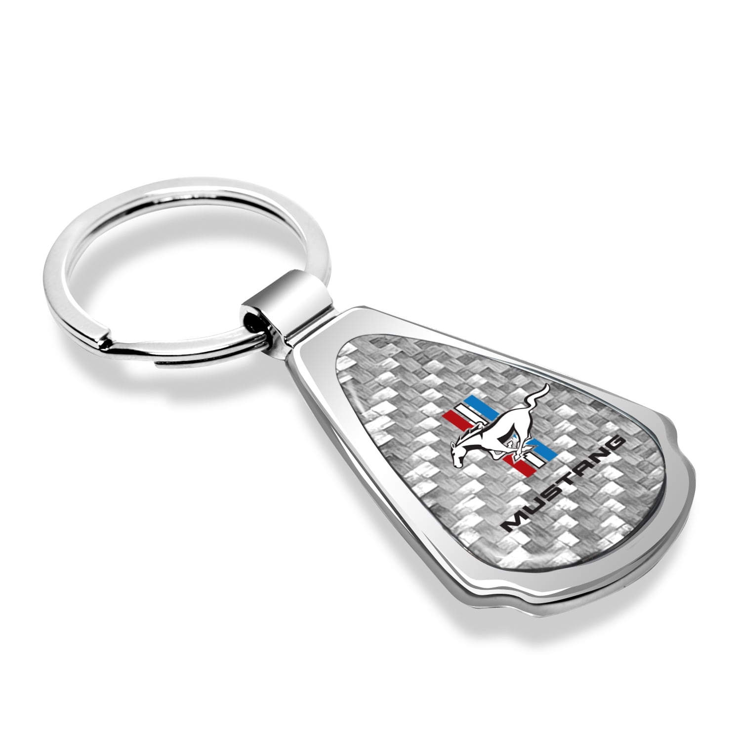 Ford Mustang Tri-Bar Real Silver Dome Carbon Fiber Chrome Metal Teardrop Key Chain