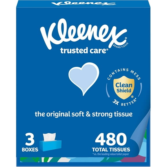 Trusted Care Facial Tissues, 3 Flat Boxes, 160 Tissues per Box, 2-Ply (480 Total), Packaging May Vary