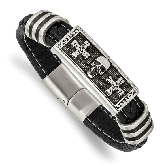 Primal Steel Stainless Steel Antiqued and Polished with Enamel Skull Faux Leather Bracelet