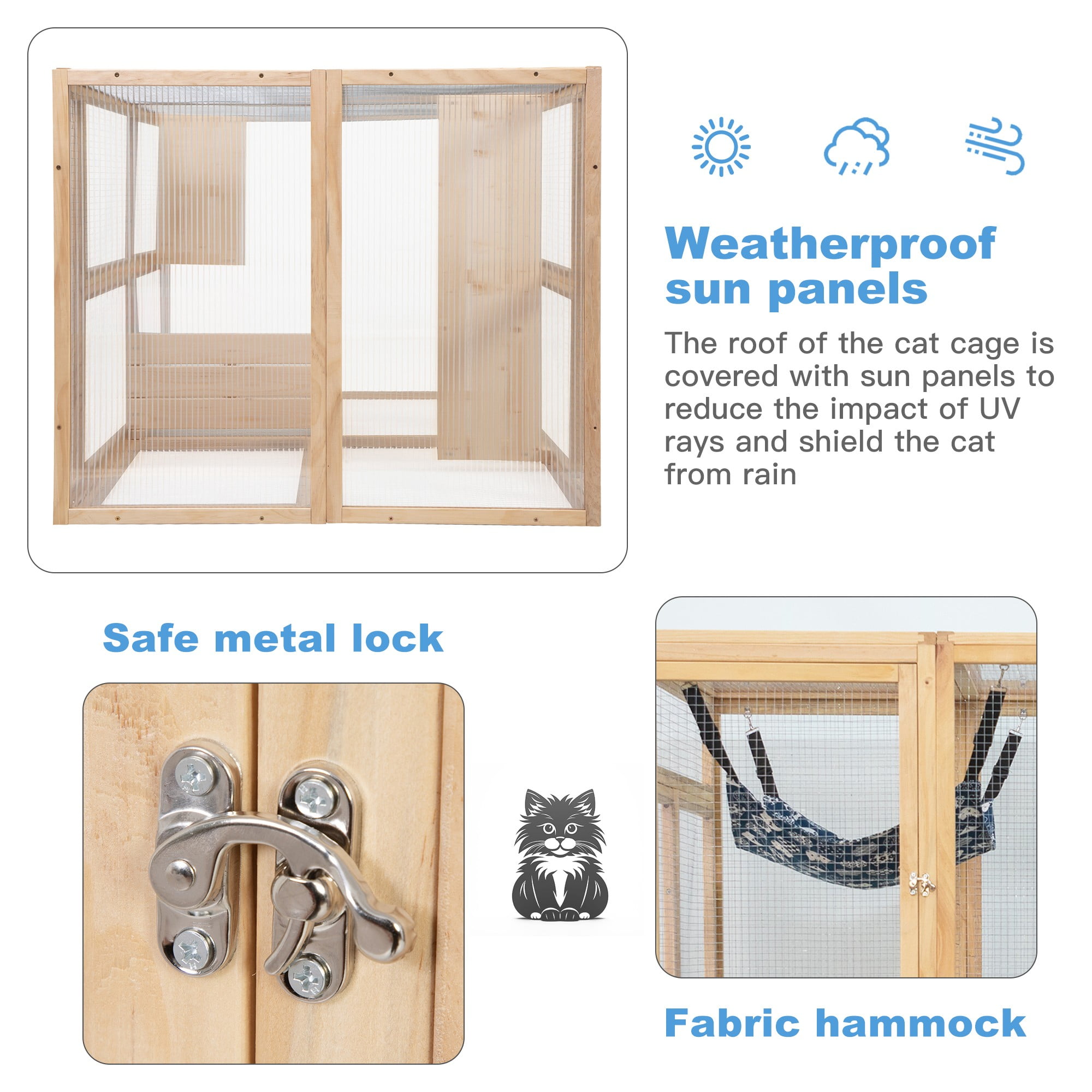 Pefilos 64" Cat House Outdoor Catio Cat Enclosures Wooden Kitty House with Platforms, Waterproof Roof, Hammock, Beige