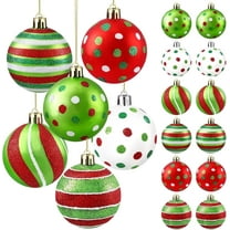 18-Pack Christmas Ornament Balls, 2.4 Inch Glittered Plastic Baubles with Polka Dot Designs, Red Green White Hanging Decor for Xmas Tree, Home, Party