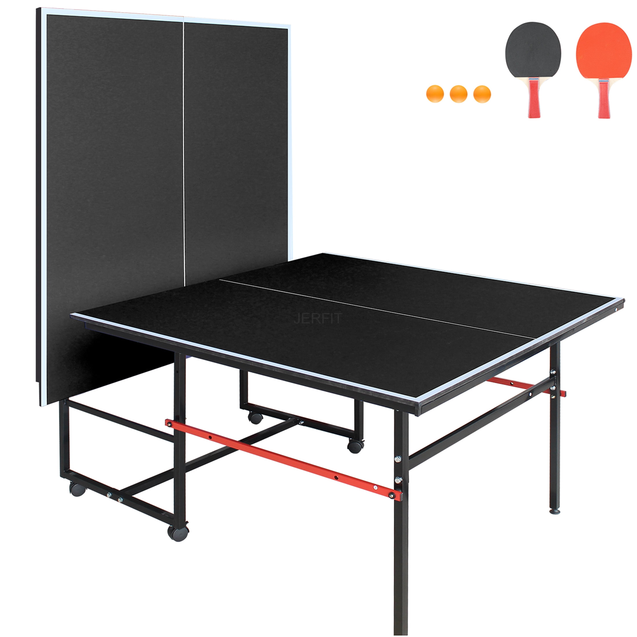JERFIT 8ft Foldable Ping Pong Table Set with Net, Paddles & Balls for Indoor Outdoor Games, Mid-Size MDF Top on Aluminum Frame, Portable Design for Home & Office Use
