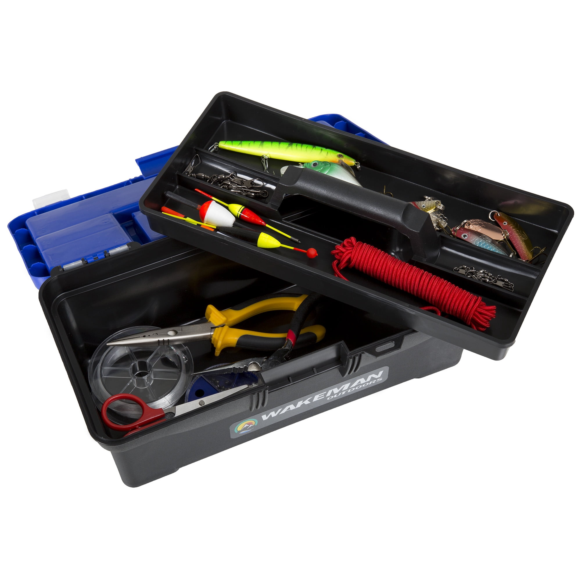 Wakeman Outdoors Fishing Single Tray Tackle Box with 55 Pieces, Medium, Blue / Black