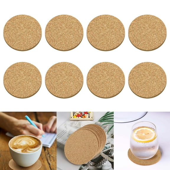8pcs Natural Cork Round Coasters - Reusable Absorbent Heat-Resistant Drink Cup Mats for Coffee Wine Glasses