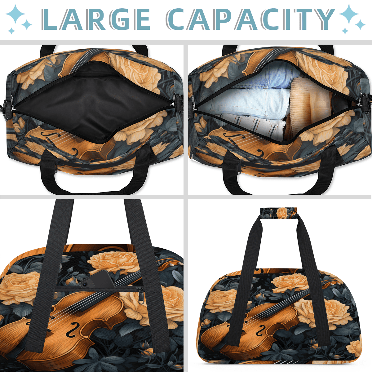 Herdesigns Music Violins Sports Duffle Bag for Women & Men, Music Theme Gym Bag Dance Bag Overnight Bag Carry On Weekender Travel Bag