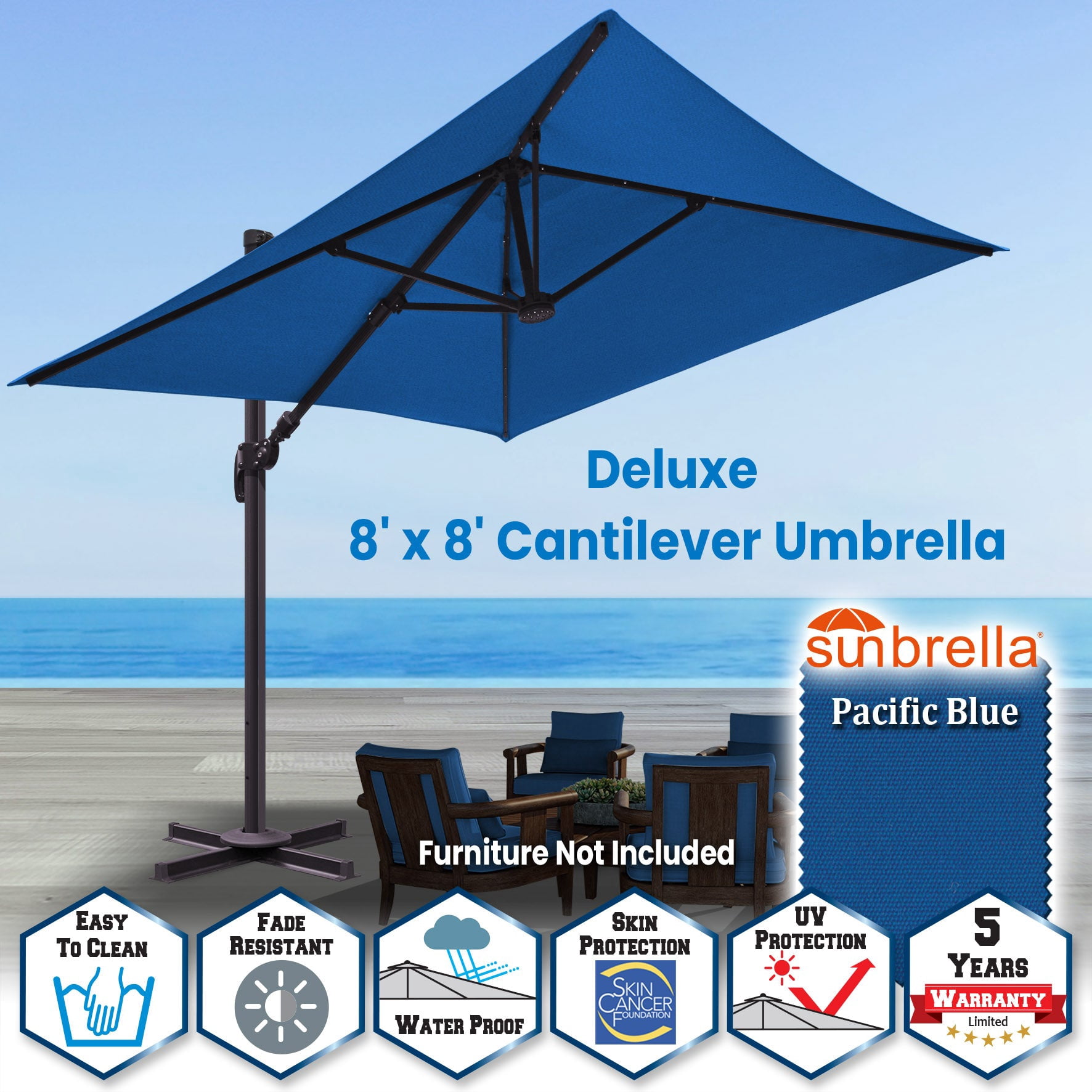 SUNNYOUTDOOR 8'x8' Deluxe Cantilever Umbrella LED Lighted Umbrella Sunbrella Cover Patio Umbrella Garden Outdoor (Sky Blue)