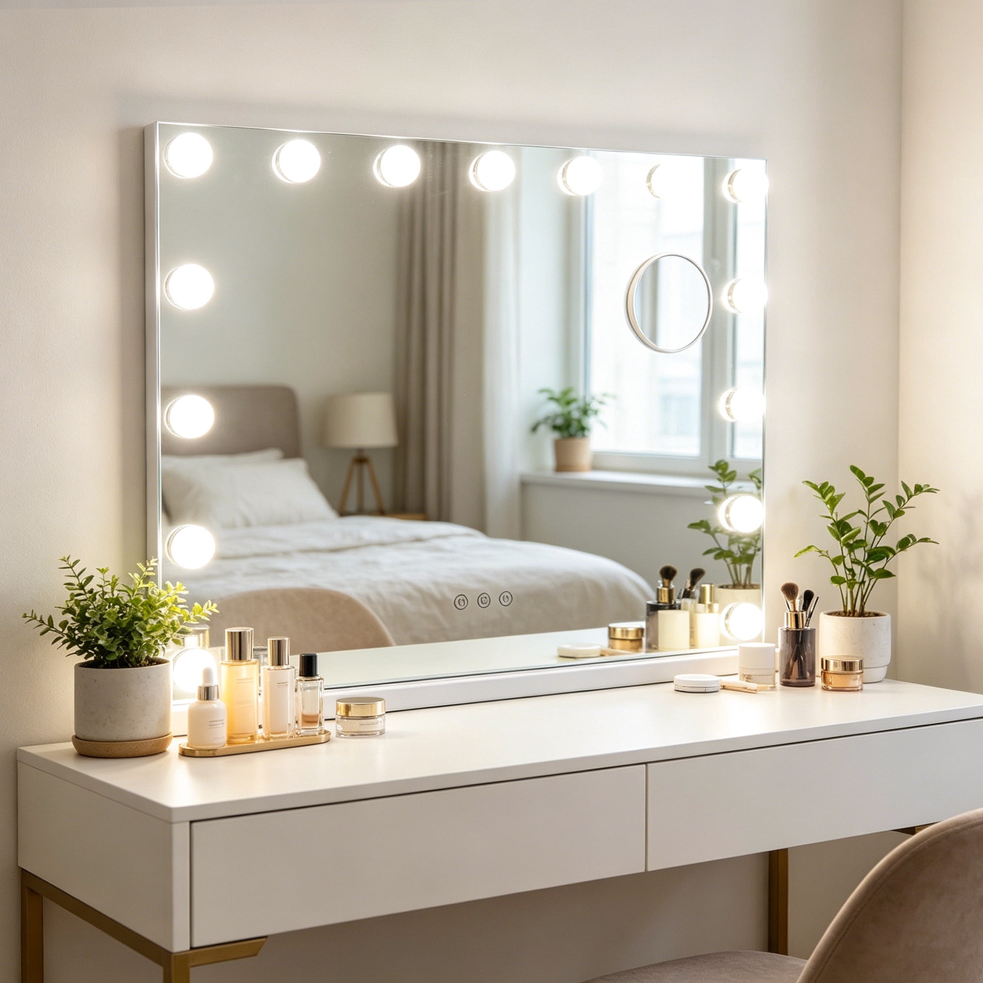 KOOL 23''x18'' Large Hollywood Vanity Mirror with 15 Bulbs LED Mirror Lighted Makeup Mirror Wall Mounted & Tabletop White Metal Frame Rectangular Mirror, White