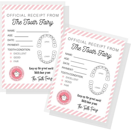 Tooth Fairy Receipt Cards with Pink Stripes 40 Pack 4.25x5.5" inch Large Postcard Size Tooth Fairy Receipt for Lost Tooth Certificate for Kids to Add to Gold Coins Under Pillow White Card...