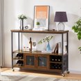 thumbnail image 1 of Wine Shelf Table, Modern Wine Bar Cabinet with Storage Compartment, Wood Console Table Bar Table TV Cabinet Sideboard with Large Space for Living Room Dining Room Kitchen Entryway Hallway, Brown, 1 of 7