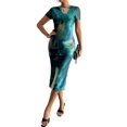 thumbnail image 3 of Women'S Tie Dye Crew Neck Hem Bodycon Short Sleves Dress Long Dresses Green S, 3 of 6