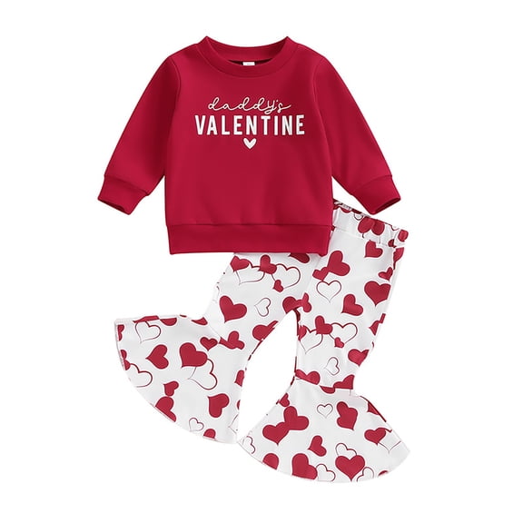 Ruyang Toddler Baby Girls Valentines Day Outfits Kids Long Sleeve Sweatshirt Pullover Heart Bell Bottoms Flare Pants Clothes