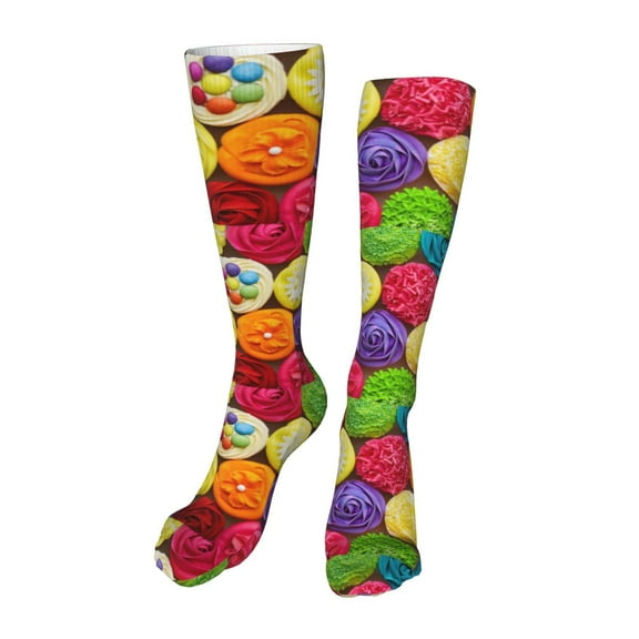 Xecao Brightly Colored Cupcakes Print Calf Socks Seamless Toe, Knee High Long Socks, Sports Socks Trouser Socks for Women and Men-One Size