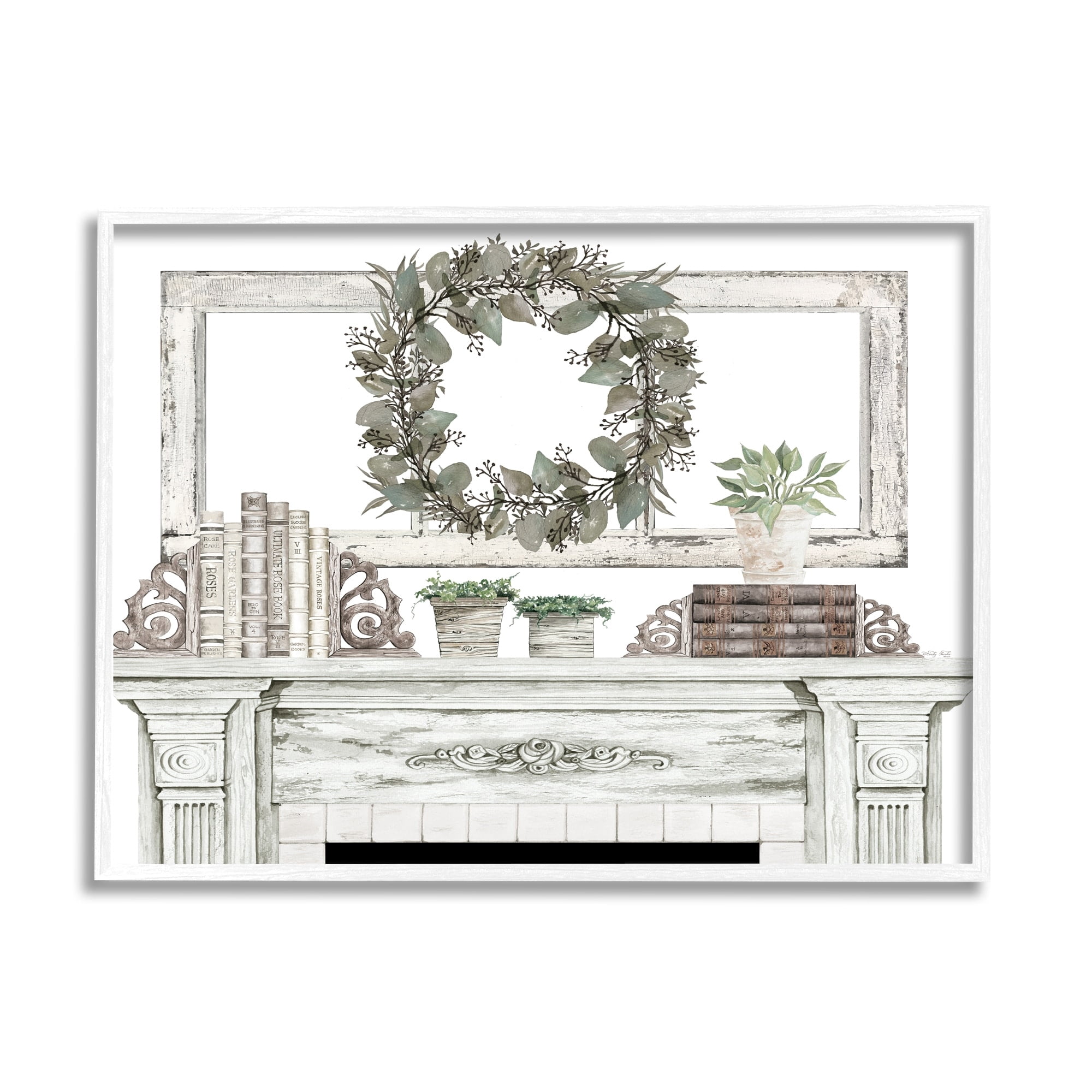 Stupell Industries Festive Wreath Cozy Fireplace Mantel Rustic Design Graphic Art White Framed Art Print Wall Art, Design by Cindy Jacobs