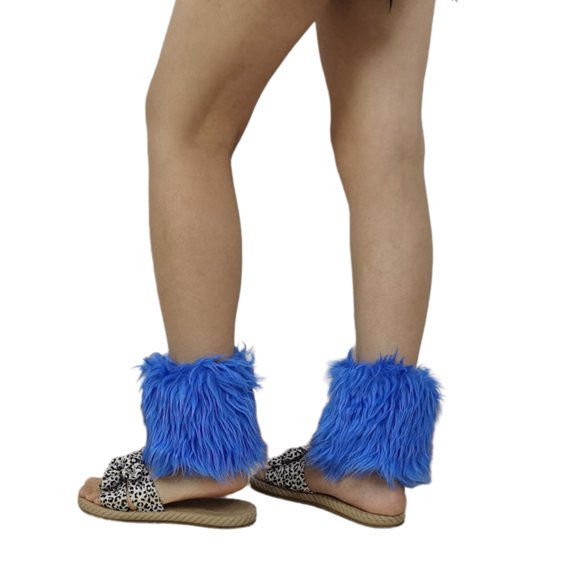Women Aesthetic Punk Fuzzy Leg Warmer Boot Cuffs Japanese Style Student Solid Blue Plush Leggings Leg Cover Long Socks