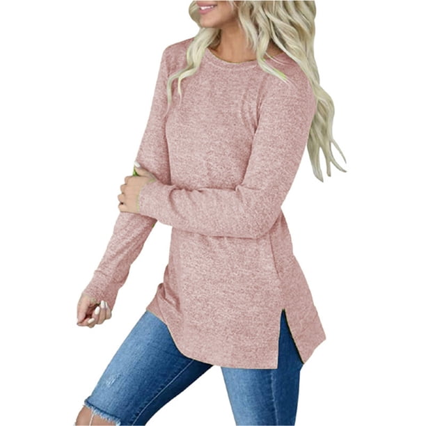 Oucaili Camiseta de manga larga para mujer, sudadera con cuello redondo, camisetas informales