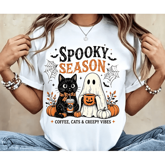 Women Black Cat Print Graphic T‑Shirt, Crew Neck Short Sleeve Women T shirt, Casual Halloween T shirt