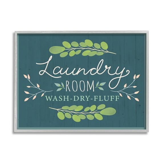 Stupell Industries Laundry Room Eucalyptus Branches Blue Rustic Pattern Typography Painting Gray Framed Art Print Wall Art, 11 x 14