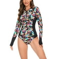thumbnail image 4 of Alkepwun Womens Rash Guard Long Sleeve One Piece Swimsuit Floral UV Sun Protection Swim Wear Athletic Padded Zip Up Bathing Suit, 4 of 7