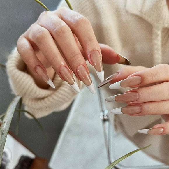 Presiona las uñas AROVFAM, diseño de puntas francesas blancas, 24 unidades con Acc