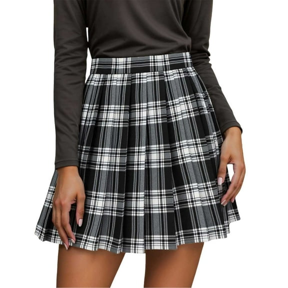 Plaid Skirt for Women Spring Fall Pleated Mini Skirt High Waist Stretchy Soft A Line Tartan Skirt Relaxed Fit Casual Black XL