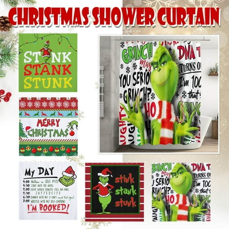 Corashan Bathroom Grinch Shower Curtain, Christmas Waterproof Removable Bath Shower Curtain with Hooks, Xmaas Toilet Green Elf Print Shower Curtain, A Best Christmas Gift
