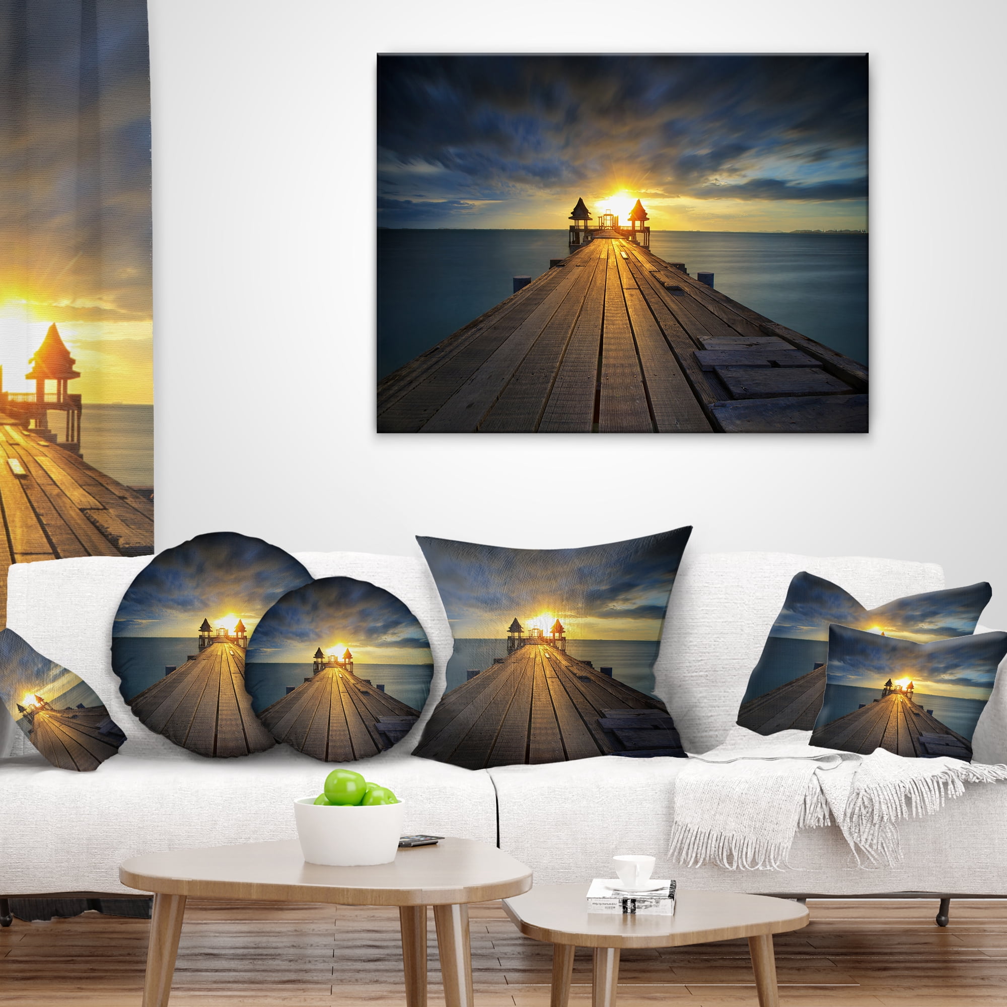 Designart Illuminated Wooden Bridge in Sunlight - Pier Seascape Throw Pillow - 16x16
