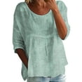 thumbnail image 2 of Luowei Women's Cotton Linen Striped Shirt - Casual Loose Fit Crew Neck 3/4 Sleeve Top, Green, M, 2 of 5