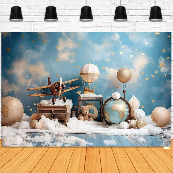 Airplane Scenery Baby Shower Backdrop for Boys Travel Around The World Photography Background Map Suitcases Hot Air Balloons Airplane First Birthday Party Decorations Banner Photo Booth Props