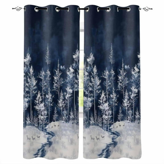 Hokiten Navy Blue Christmas Tree Blackout Curtains | Light Blocking Print Window Curtains, Xmas Snowflake Thermal Insulated Window Drapes for Living Room Kitchen Cafe (2 Panels, 84"W x 84"L)
