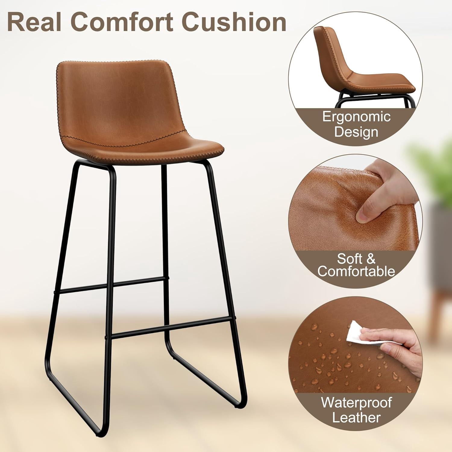 GIKPAL Bar Stools 30" Faux Leather Counter Height Barstools with Back Set of 4, Modern Counter Stools with Metal Legs and Footrest, Armless Chairs with Back for Kitchen Living Room Pub, Dark Brown