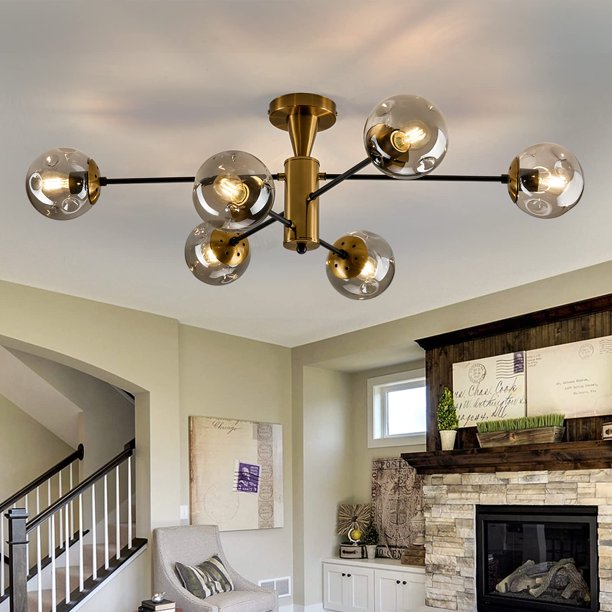 Hesoge Lámpara de techo moderna de montaje semiempotrado, lámpara de araña dorada Sputnik de 6 luces con globo de cristal, iluminación de techo de mediados de siglo para comedor, granja, cocina, dormi