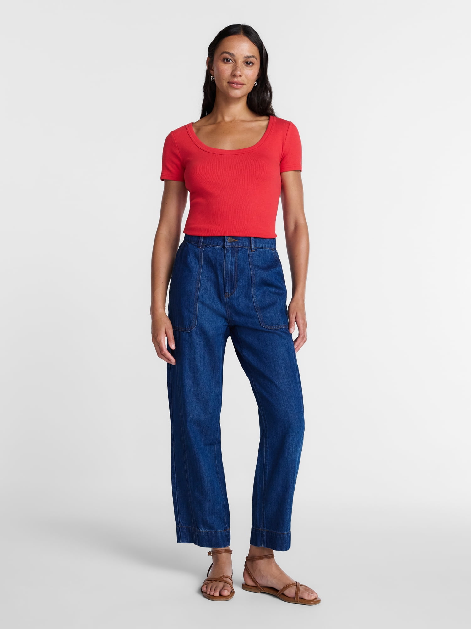 Time and Tru Women's Ribbed Scoop Neck Tee with Short Sleeves, Sizes XS-XXXL
