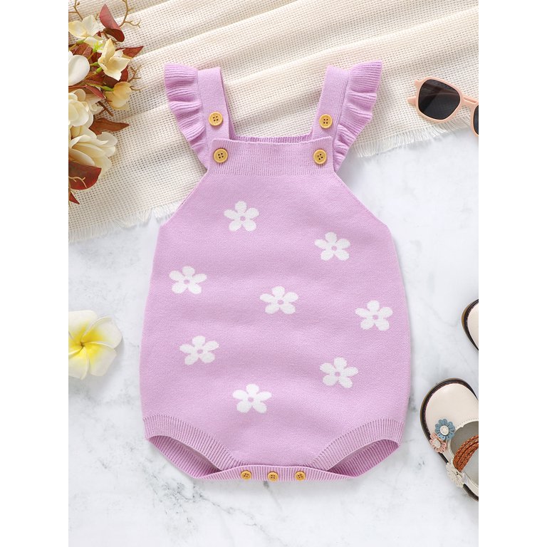 Qtinghua Newborn Baby Girls Autumn Winter Romper Sleeveless Button Floral  Jacquard Sweater Cami Jumpsuit Bodysuit