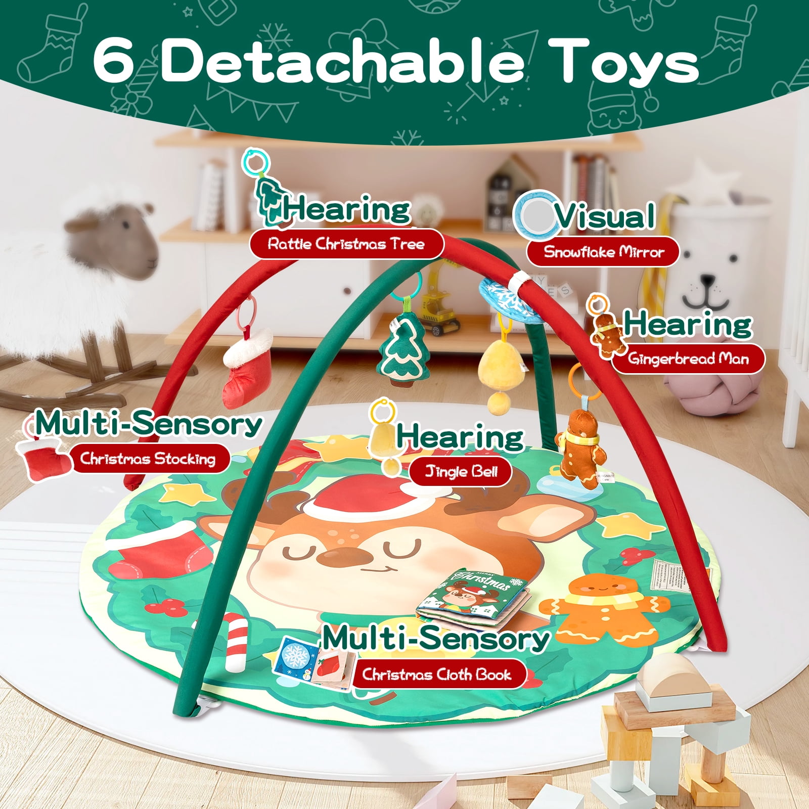 BEINGMATE Care Play Gym Activity Extra Large Baby Playmat for Newborns Infants with 6 Detachable Toys, Christmas