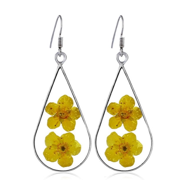 Colección de 4 pares de pendientes de lágrima de flores prensadas, pendientes de flores silvestres prensadas de encaje, colgante de gota, regalo para mujer