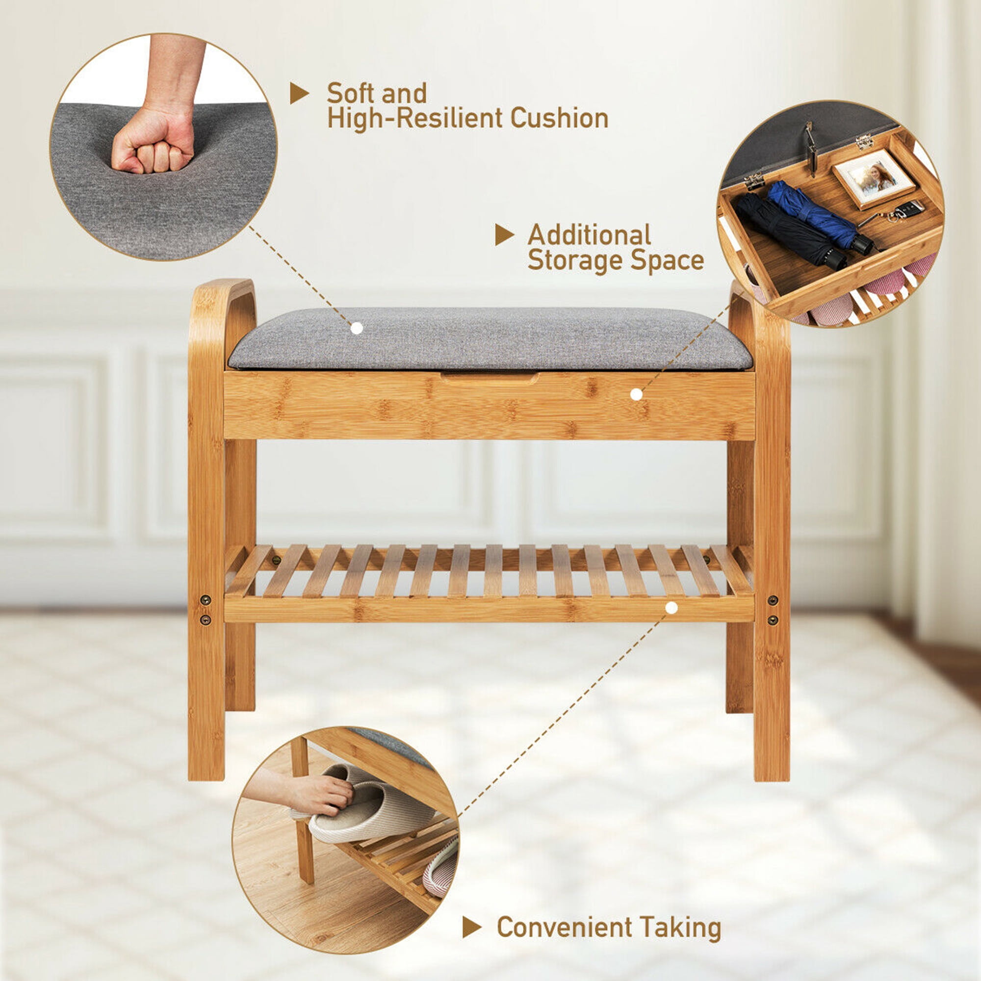 Gymax 1-Tier Cushioned Seat and Shoe Storage Bench, Bamboo, Linen and Wood, Brown and Gray