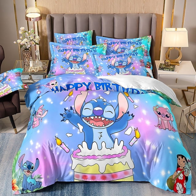 Juego de cama cómodo de Stitch para dos personas, tamaño completo, 3 piezas, cómodo para niñas y niños