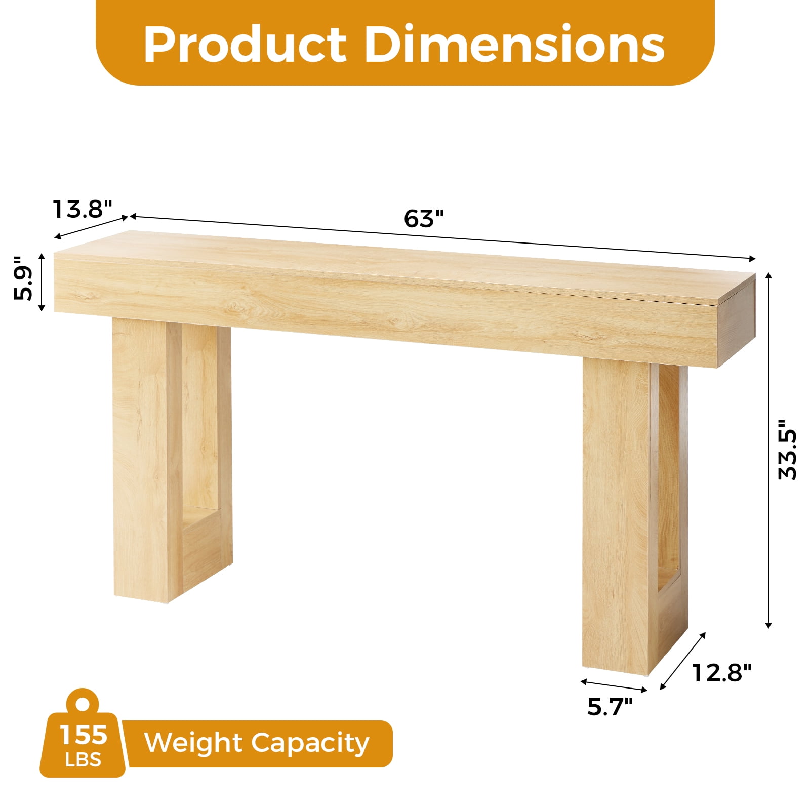 CONCETTA 63-inch Long Console Table, Wooden Farmhouse Sofa Table Behind Couch, Entryway for Hallway, Living Room, Natural Wood