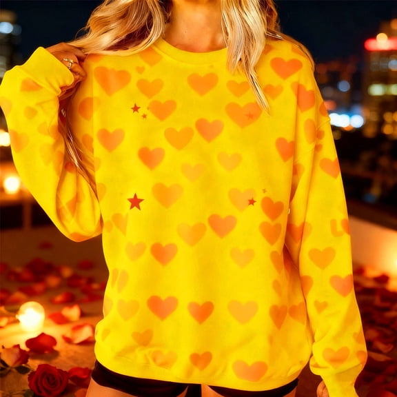 ClodeEU Women's Valentine's Day Heart Print Loose Sweatshirt ,Trendy Crewneck Long Sleeve Pullover Top Yellow,Womens Plus XXL