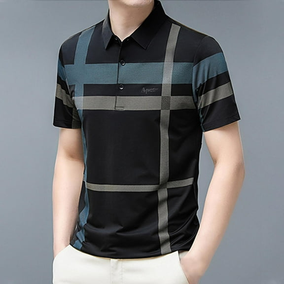 POTETI Short Sleeve Mens Polo Shirt Casual Collared Shirts Work Striped Loose Tops
