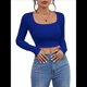 thumbnail image 1 of Tops Cortos de Larga para Mujer, con Cuello Cuadrado Acanalado, Ajustados, Informales, A para Dama Azul Real XS, 1 of 9