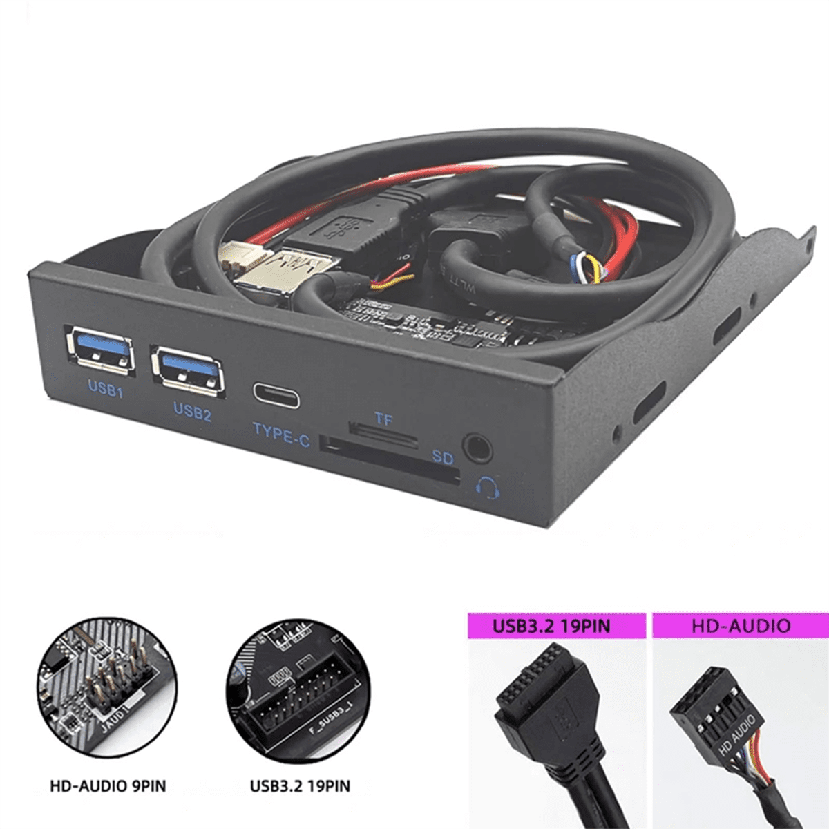 USB Front Panel HUB 5Gbps 2 X USB3.0 + 1 X TYPE-C + TF/SD + HD AUDIO 3.5mm Earphone Jack Mic Adapter for Desktop