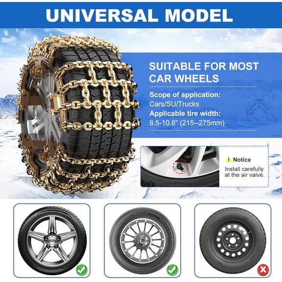 8-Pack Heavy Duty Manganese Steel Snow Tire Chains for Ice, Sand & Mud - Universal Fit for Cars, Trucks, SUVs (Tire Width 215-275mm) - Emergency Traction Solution