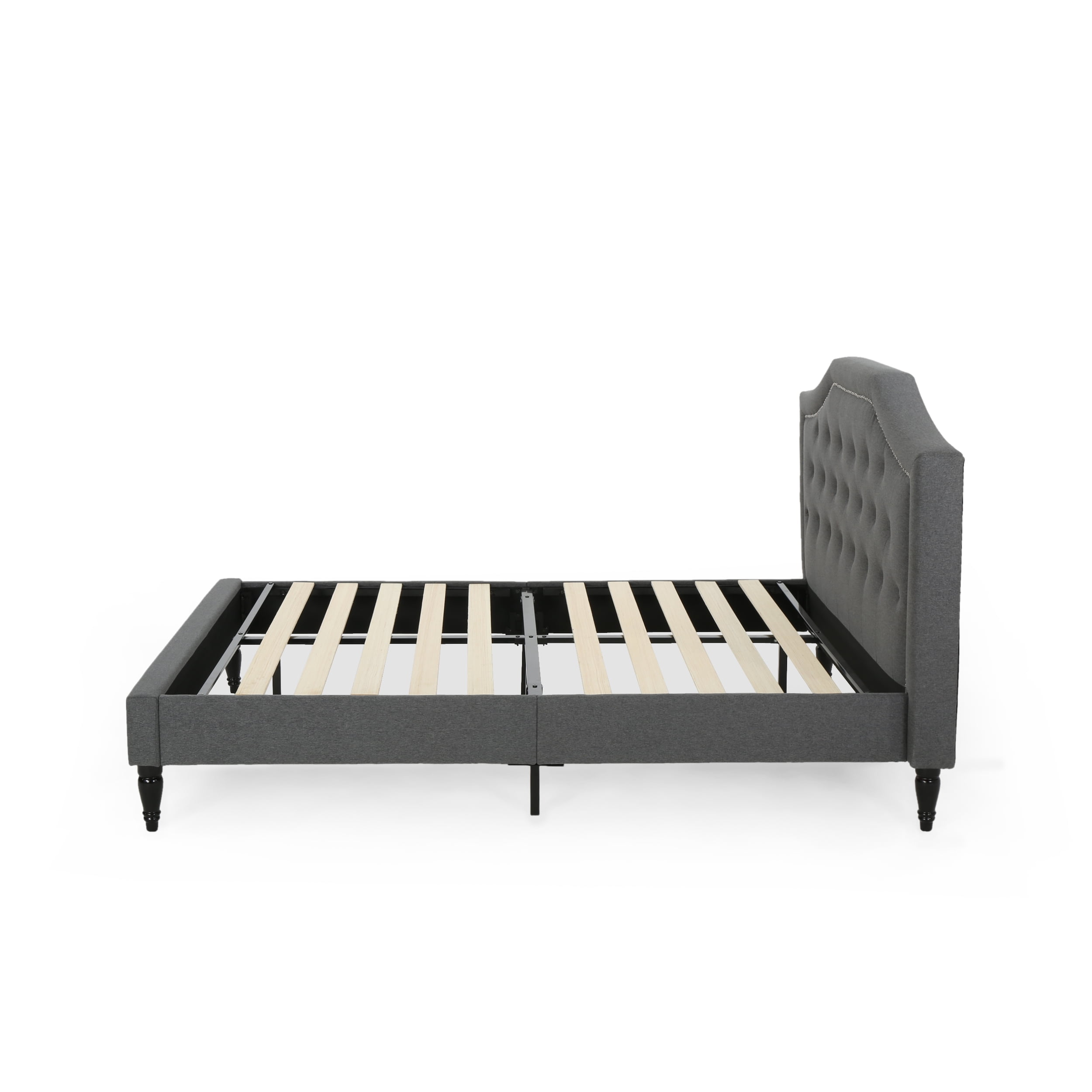 Noble House Rigley Contemporary Low Profile Fully Upholstered Fabric Platform Bed Frame, Queen, Charcoal Gray