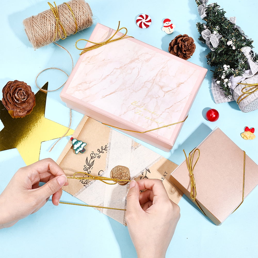 220 Pcs Elastic Bows for Gifts Boxes 4 Inches Small Golden Stretch Loops with Pre-Tied Bows Elastic Ribbon Cord Strings for Gifts Boxes Bags Crafts