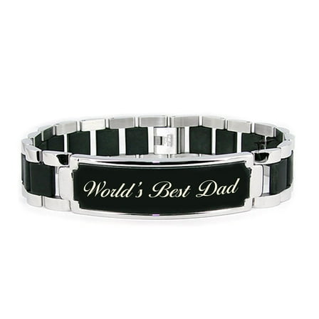 Tioneer Stainless Steel 8.50 inch World's Best Dad Engraved Black ID Bracelet