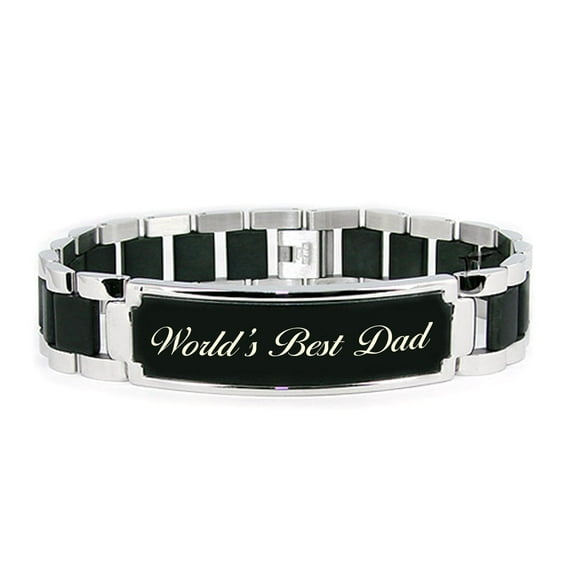 Tioneer Stainless Steel 8.50 inch World's Best Dad Engraved Black ID Bracelet