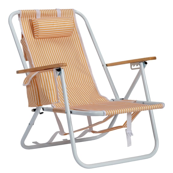 FUNA 4-Position Adjustable Backpack Beach Chair Orange White Vertical Stripe Foldable Aluminum Lounge Chair with Wooden Armrest 265 LBS Capacity for Outdoor Camping Patio Poolside