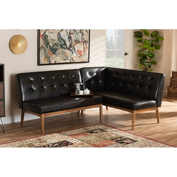 Baxton Studio Arvid Mid-Century Modern Dark Brown Faux Leather Upholstered 2-Piece Wood Dining Corner Sofa Bench