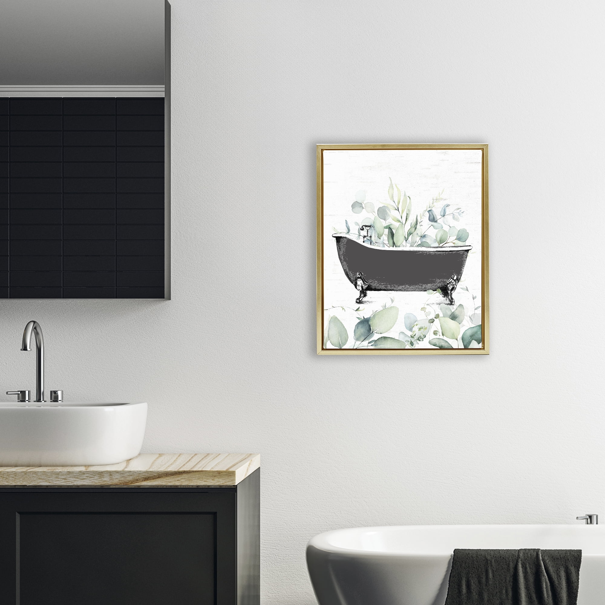 Eucalyptus Leaves Bathtub Gold Framed Floater Canvas Wall Art, design by Lettered and Lined